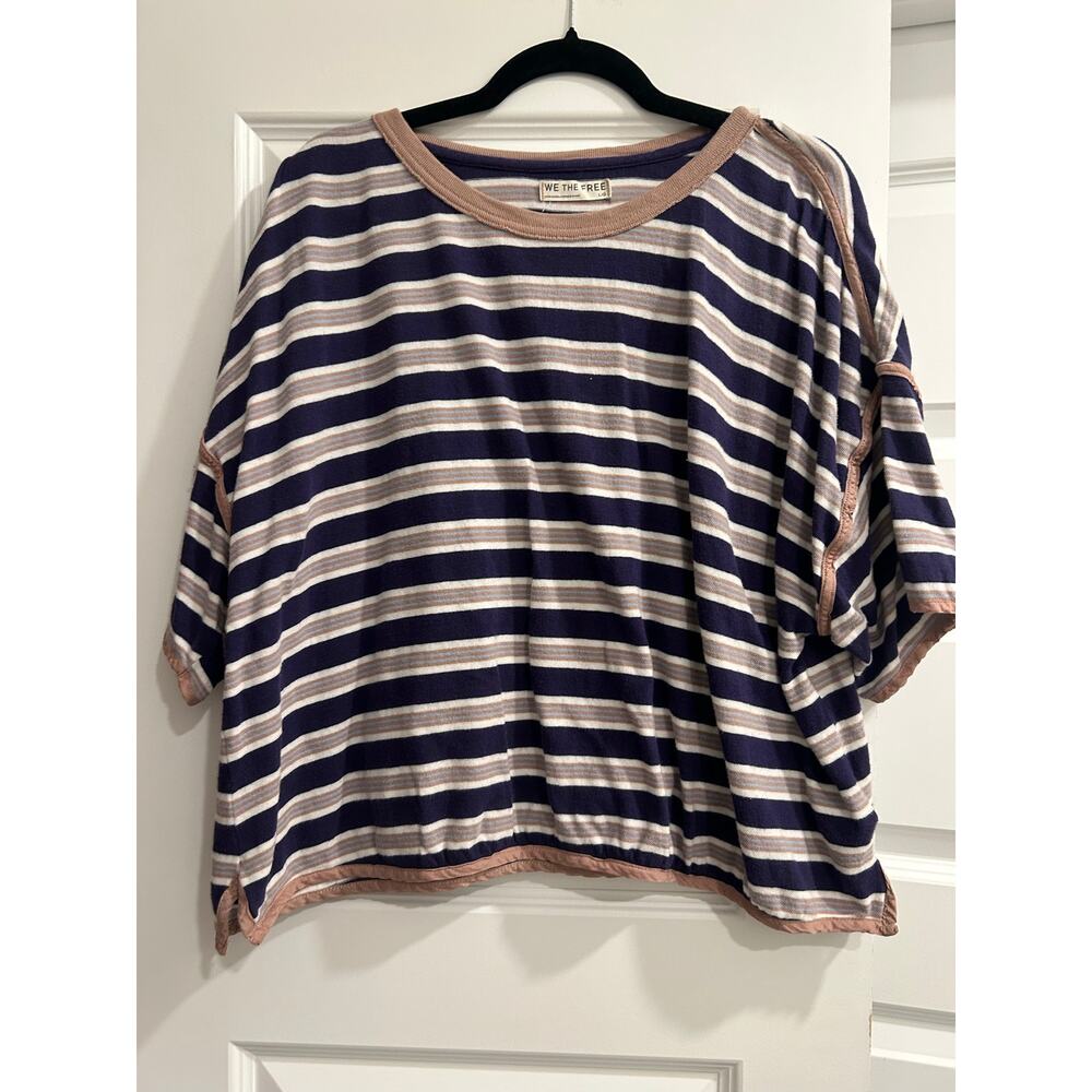 Free People We The Free Oversized Striped Boxy Tee Navy tan Large - Picture 3 of 5